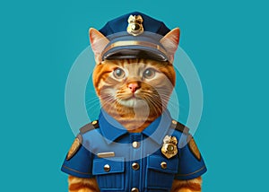 charming orange tabby cat wearing a police uniform with a shiny badge and a cap.