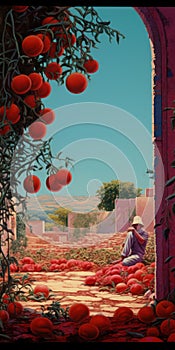 Charming Orientalist Influenced Meticulous Realism A Man And His Tomato Garden