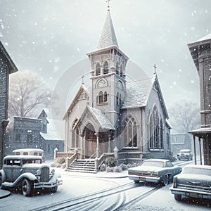 Charming Ornate Vintage Church Snowfall Retro Old Building Steeple Exterior AI Generate