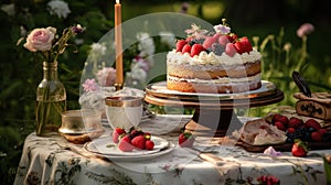 A charming outdoor picnic setting with a birthday cake and candles