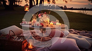 A charming outdoor picnic setting with a birthday cake and candles