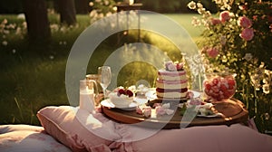A charming outdoor picnic setting with a birthday cake and candles
