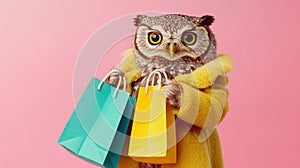 Stylish Owl with Shopping Bags Against Pink Background photo