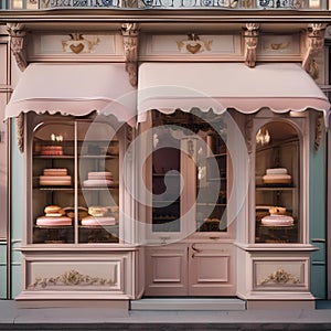 A charming Parisian patisserie with pastel colors, ornate details, and a display of decadent pastries1