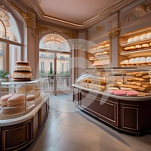 A charming Parisian patisserie with pastel colors, ornate details, and a display of decadent pastries2