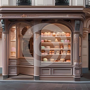 A charming Parisian patisserie with pastel colors, ornate details, and a display of decadent pastries3