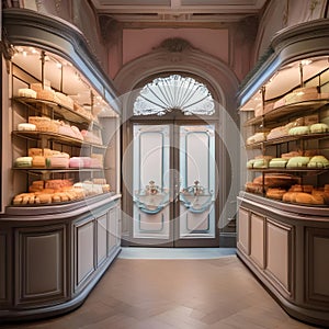 A charming Parisian patisserie with pastel colors, ornate details, and a display of decadent pastries5