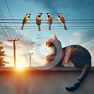 Cat sits on rooftop gazing at three birds on wire