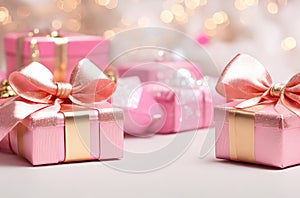 Charming Pink Christmas Gift Boxes with Gold Bow on Festive Defocused Holiday Background.
