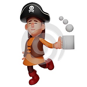 A Charming Pirate 3D Cartoon Character holding a hot coffee