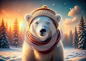 A Charming Polar Bear Cub Stylishly Attired in HandKnitted Winterwear Captured in a Serene LongExposure AI Photography photo