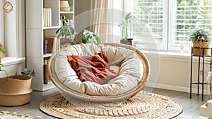 A charming reading corner featuring a comfortable papasan chair a woven rug and a bookshelf showcasing beloved titles photo