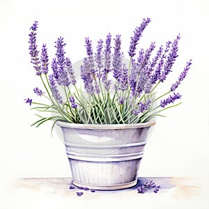 Charming Realism: Lavender Plants In Pots - Watercolor Illustration