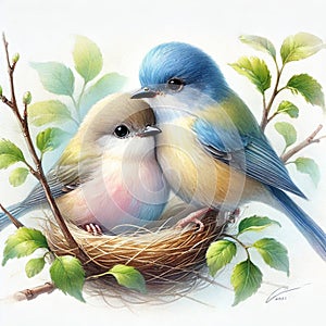 Charming Realistic Watercolor of Two Loving Birds Nestled in a Cozy Nest photo