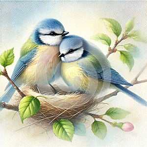 Charming Realistic Watercolor of Two Loving Birds Nestled in a Cozy Nest on a Leafy Branch photo