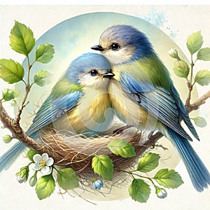 Charming Realistic Watercolor of Two Loving Birds Nestled in a Cozy Nest on a Leafy Branch photo
