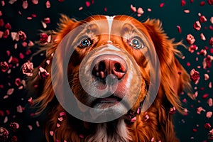 Charming red-haired  dog  red flower petals as background , in love on valentines day. Generative AI