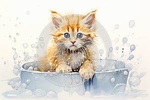 charming red kitten bathing in a bubble bath ,watercolor illustration