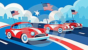 The charming red white and blue adorned vintage cars evoke a sense of pride and patriotism as they cruise along the photo