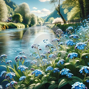 Charming Riverbanks: Forget-Me-Not Flowers Adorn a Peaceful Landscape. Flowers Background
