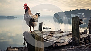 Charming Rooster On Wooden Log: A Captivating Rural Scene