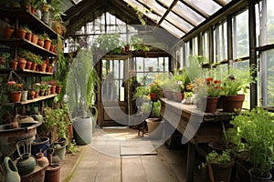 charming rustic greenhouse with colorful potted plants