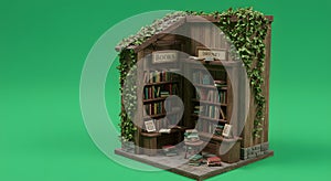 Whimsical Rustic Miniature Library with Ivy