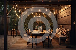 A charming and rustic outdoor dining area with a long wooden table and comfortable seating. Generative AI