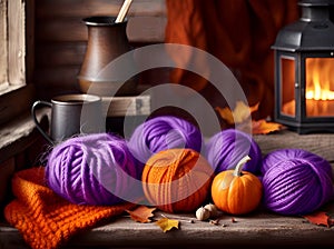 Charming rustic still life with pumpkins, coffee cup, fireplace, blanket and autumn leaves