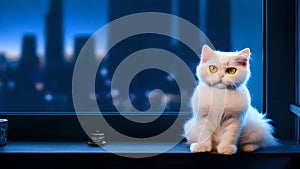 A charming scene of adorable cat cuties perched in the window, keeping a watchful eye on the world beneath the moonlit sky.