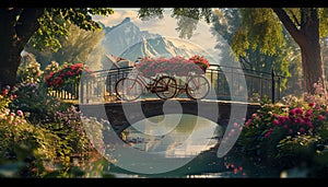 A charming scene of a bicycle with a flower basket, stationed on a picturesque bridge
