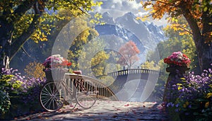 A charming scene of a bicycle with a flower basket, stationed on a picturesque bridge