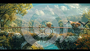 A charming scene of a bicycle with a flower basket, stationed on a picturesque bridge