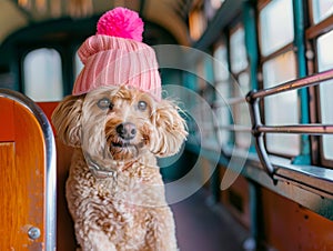 Charming scene featuring a dog wearing a pink tuque and a cozy sweater, sitting on a vintage bus. photo