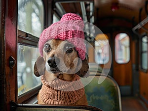 Charming scene featuring a dog wearing a pink tuque and a cozy sweater, sitting on a vintage bus. photo