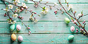 Tree Branches with Flowers and Easter Eggs on Mint Wooden Table