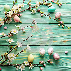 Tree Branches with Flowers and Easter Eggs on Mint Wooden Table