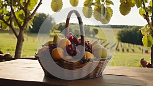 In a charming scene reminiscent of Catan\'s artistic allure, a rustic wooden table serves as the stage for a fruit basket. photo