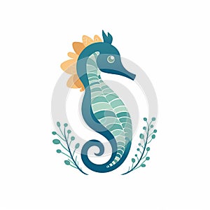 Charming Seahorse Logo With Flower - Simplistic Cartoon Illustration
