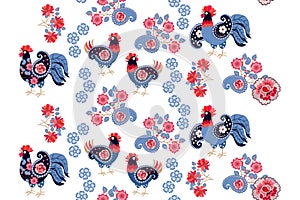 Charming seamless ornament with patterned cockerels and hens, flower garlands, bouquets and paisley on a white background.