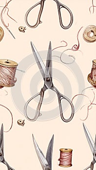 Vintage Sewing Scissors and Thread Spools Seamless Pattern