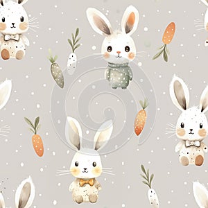 Charming seamless pattern of watercolor bunnies and carrots on light gray color