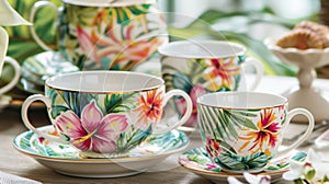 A charming setting of mismatched teacups and saucers each one featuring a tropical print adds a touch of whimsy to the