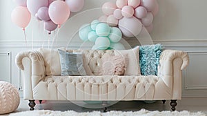 A charming setup of pastelcolored balloons floating above a tufted creamcolored sofa and fluffy pastel pillows photo