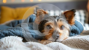 Charming small dog snuggles in a soft bed, bringing warmth and comfort to any space photo