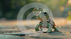 Charming small green turtle with stylish glasses on a studio backdrop, cute and engaging.