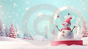A charming snow globe with a cute happy snowman inside it. Magical snow globe with Christmas decorations. A wintry scene
