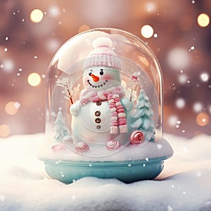 A charming snow globe with a cute snowman inside it. Magical snow globe with Christmas decorations. A wintry scene