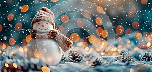 A charming snowman adorned with a cozy hat and scarf enjoys the magical ambiance of gently falling snow and warm festive lights