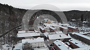 Charming Snowy Town Jonsered, Church and Residential Area, Aerial Pullback